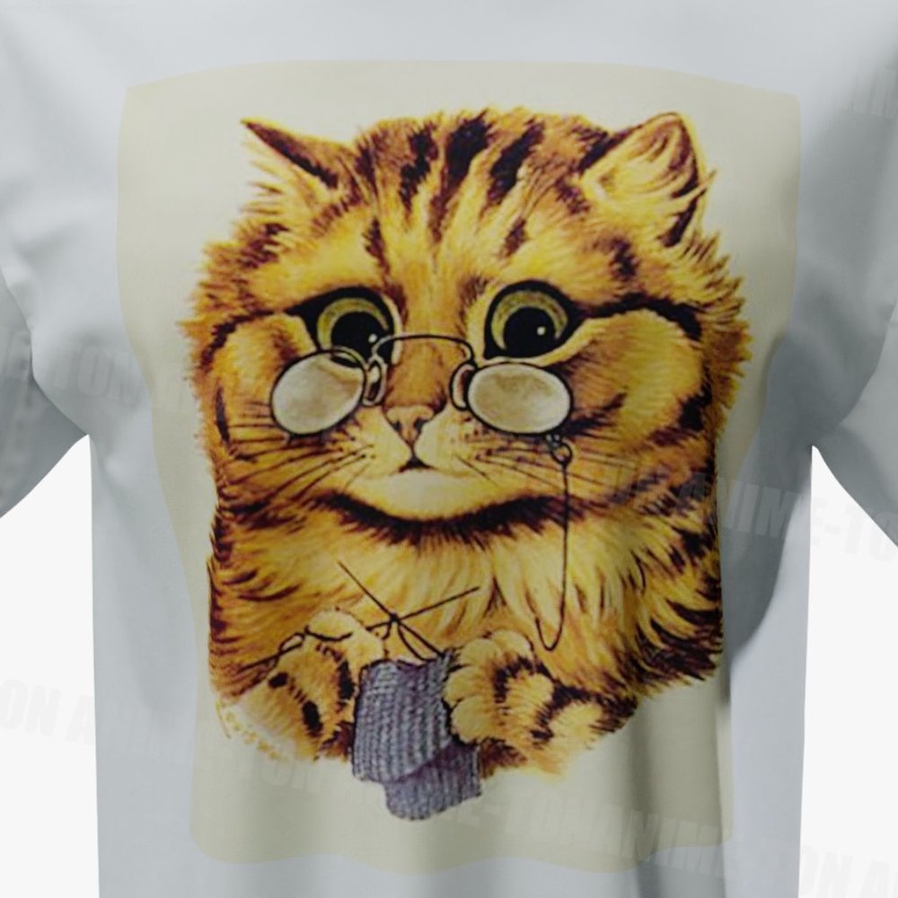 Louis Wain - Cat Art - Knitting Cat - Tshirt - Cotton